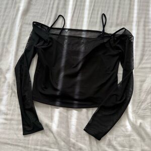 Abercrombie & Fitch Black Asymmetrical Mesh Long Sleeve Crop Top